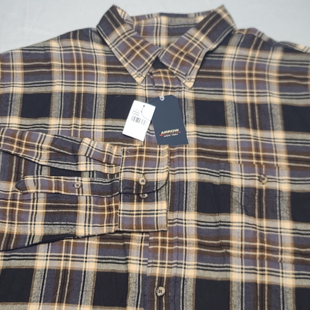 Arrow Flannel Shirt Mens XL Blue‎ Brown Plaid Cotton Button Down Long Sleeve NWT